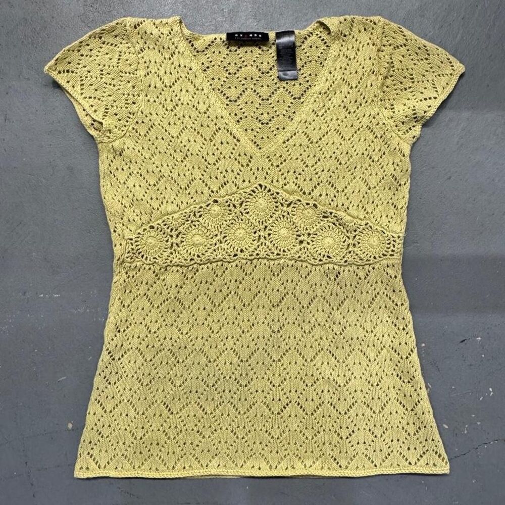 Y2K Axcess Women's Chartreuse Crochet Knit Short Sleeve Shirt